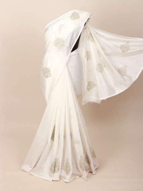 

Pothys White & Silver Ethnic Motifs Embroidered Art Silk Saree