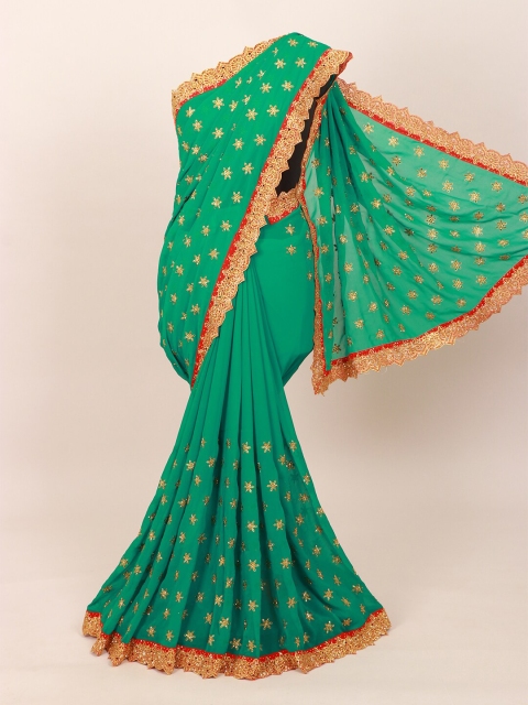

Pothys Women Green & Orange Floral Embellished Saree