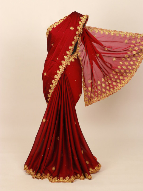

Pothys Maroon & Gold-Toned Ethnic Motifs Beads and Stones Saree
