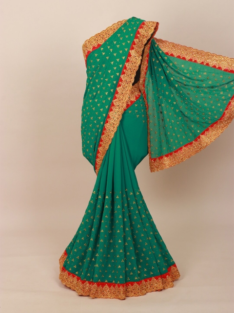 

Pothys Green & Gold-Toned Floral Beads & Stones Saree