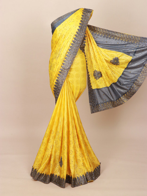 

Pothys Yellow & Grey Embellished Beads & Stones Art Silk Saree