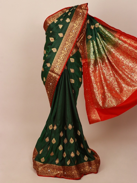 

Pothys Green & Gold-Toned Ethnic Motifs Zari Art Silk Banarasi Saree