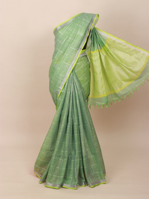 

Pothys Green & Silver-Coloured Checked Zari Pure Linen Saree