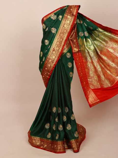 

Pothys Green & Red Beads and Stones Embellished Art Silk Banarasi Saree