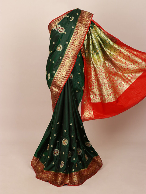 

Pothys Green & Gold-Toned Ethnic Motifs Zari Art Silk Banarasi Saree