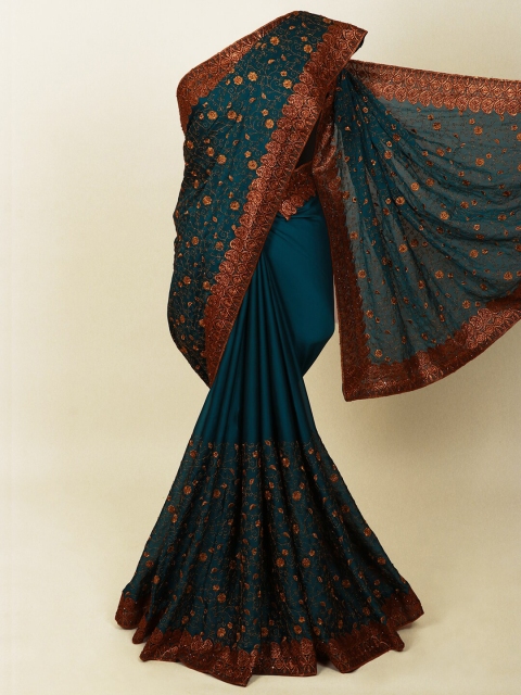 

Pothys Navy Blue & Red Floral Embroidered Art Silk Designer Saree