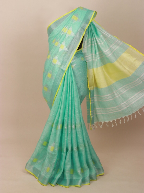 

Pothys Sea Green & Yellow Pure Linen Saree