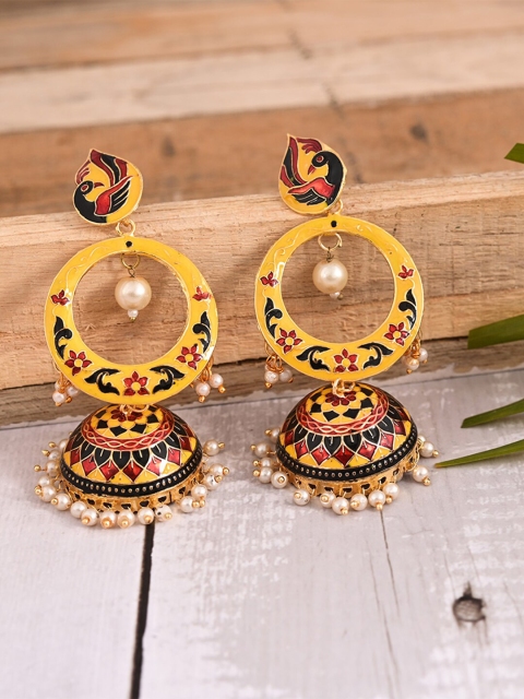 

Natures Buggy Gold-Plated Yellow & Red Handcrafted Contemporary Jhumkas