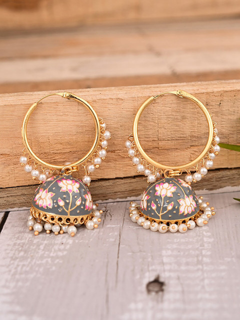 

Natures Buggy Grey & Gold-Toned Contemporary Jhumkas Earrings