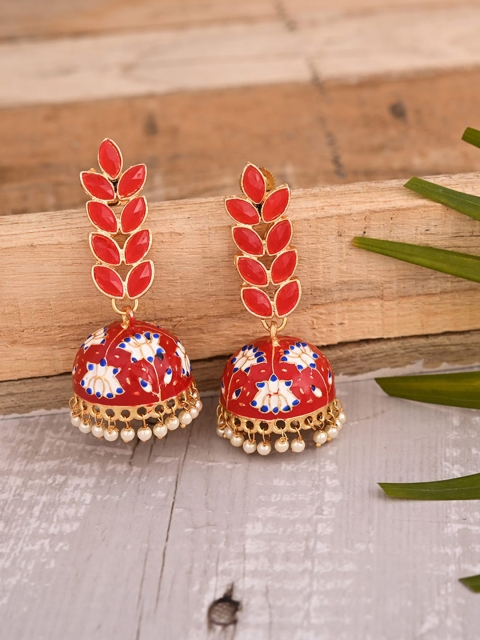 

Natures Buggy Red Ethnic Brass Gold Plate Contemporary Jhumka Earrings