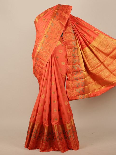 

Pothys Orange Floral Zari Jute Silk Saree