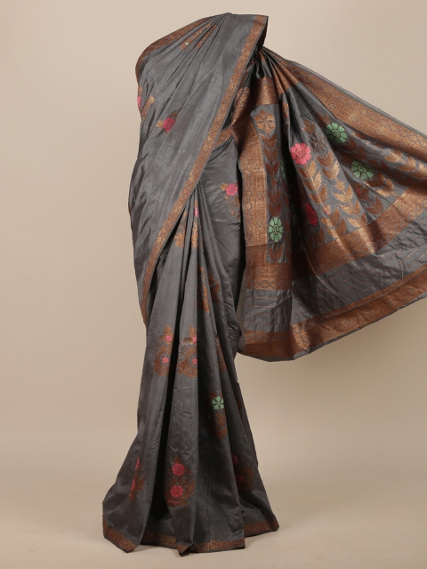 

Pothys Charcoal Grey & Pink Floral Zari Jute Silk Saree