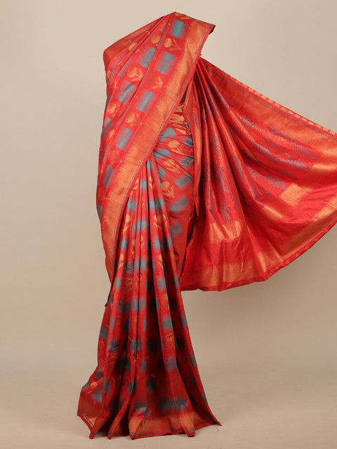 

Pothys Red & Blue Floral Zari Jute Silk Saree