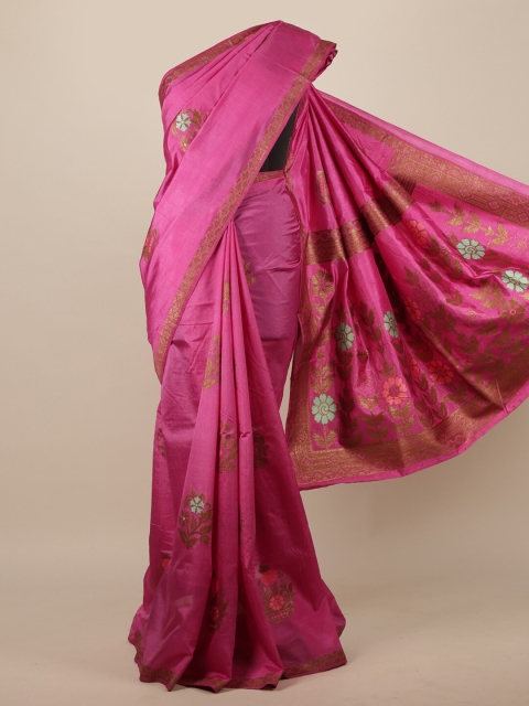 

Pothys Pink & Sea Green Floral Zari Jute Silk Saree