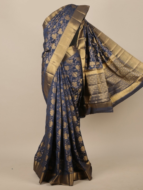 

Pothys Navy Blue & Gold-Coloured Floral Zari Jute Silk Saree
