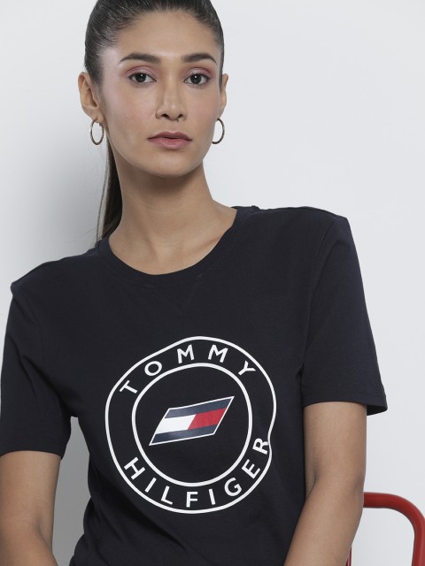 

Tommy Hilfiger Women Navy Blue Brand Logo Printed Organic Cotton Slim Fit Organic Cotton T-shirt