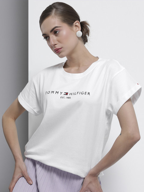 

Tommy Hilfiger Women White Brand Logo Printed Drop-Shoulder Sleeves Organic Cotton T-shirt
