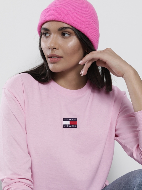 

Tommy Hilfiger Women Pink Drop-Shoulder Sleeves Solid Applique Detail T-shirt