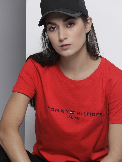 

Tommy Hilfiger Women red Navy Blue Brand logo Print Organic Cotton T-shirt