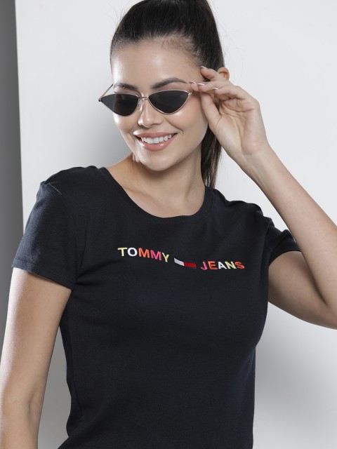 

Tommy Hilfiger Women Navy Blue Brand Logo Embroidered Crop Pure Cotton T-shirt