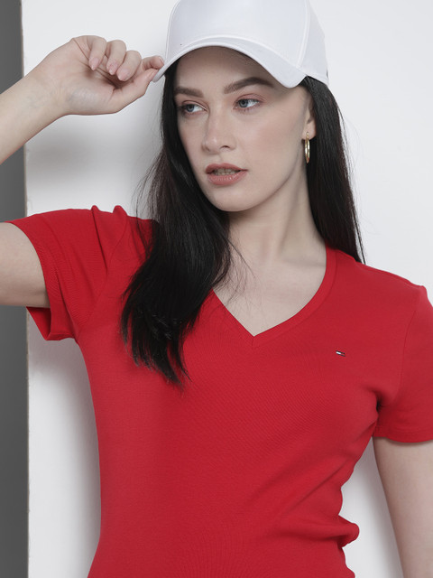 

Tommy Hilfiger Women Red V-Neck Organic Cotton Slim Fit Organic Cotton T-shirt