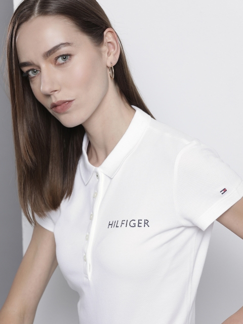 

Tommy Hilfiger Women White Solid Polo Collar Slim Fit T-shirt