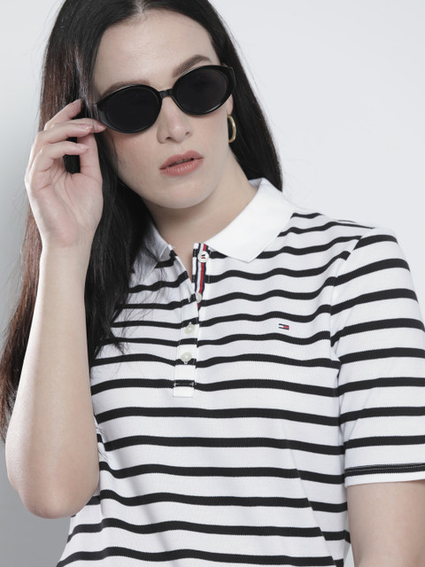 

Tommy Hilfiger Women White & Black Striped Polo Collar T-shirt