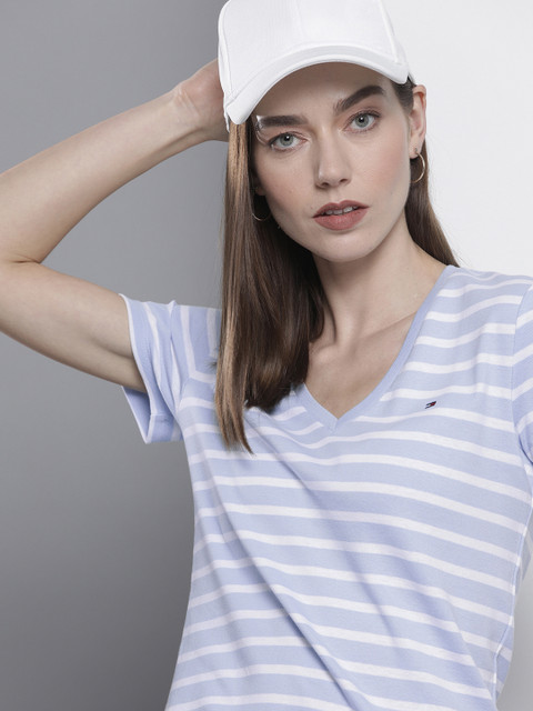 

Tommy Hilfiger Women Blue & White Striped Slim Fit Organic Cotton T-shirt