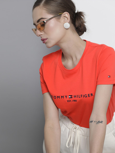 

Tommy Hilfiger Women Coral Brand Logo Printed Organic Cotton T-shirt