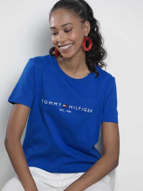 

Tommy Hilfiger Women Solid Blue Brand Logo Embroidered Organic Cotton T-shirt