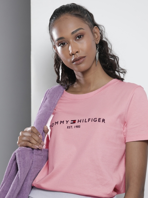 

Tommy Hilfiger Women Solid Pink Brand Logo Embroidered Organic Cotton T-shirt, Red