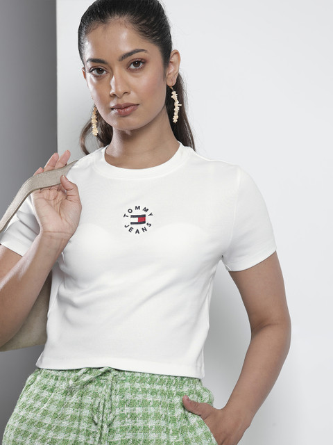 

Tommy Hilfiger Women White Embroidered Crop T-shirt
