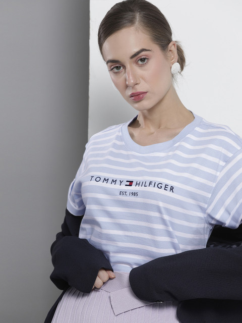 

Tommy Hilfiger Women Blue & White Striped Drop-Shoulder Sleeves Organic Cotton T-shirt