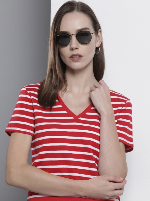 

Tommy Hilfiger Women Red & White Striped V-Neck Organic Cotton Slim Fit T-shirt