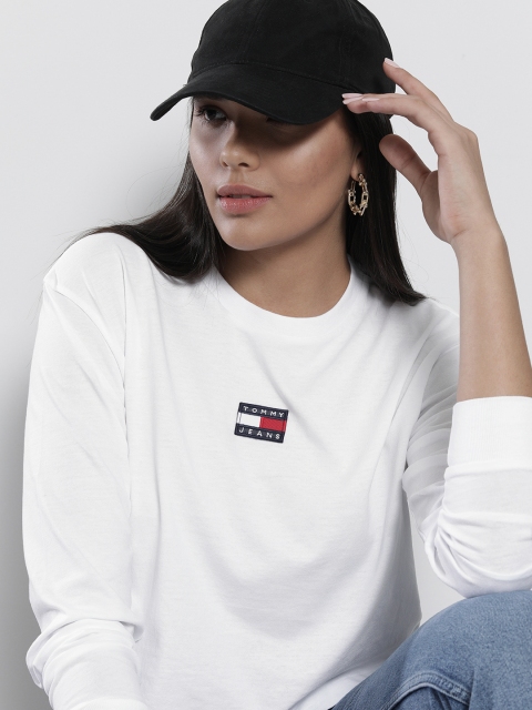 

Tommy Hilfiger Women White & Navy Blue Printed Extended Sleeves T-shirt