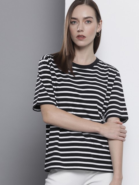 

Tommy Hilfiger Women Black & White Striped Relaxed Fit Organic Cotton Moisture Wick Tshirt