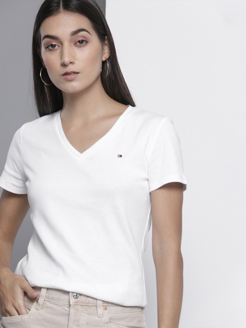 

Tommy Hilfiger Women White Solid Slim Fit Organic Cotton T-shirt