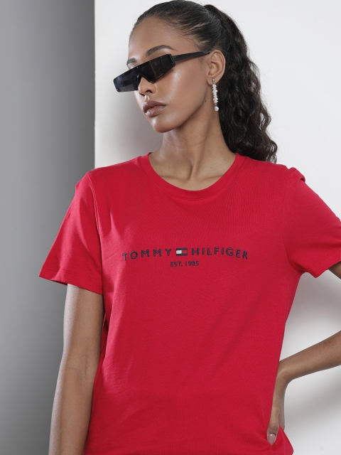 

Tommy Hilfiger Women Solid Red Brand Logo Embroidered Organic Cotton T-shirt