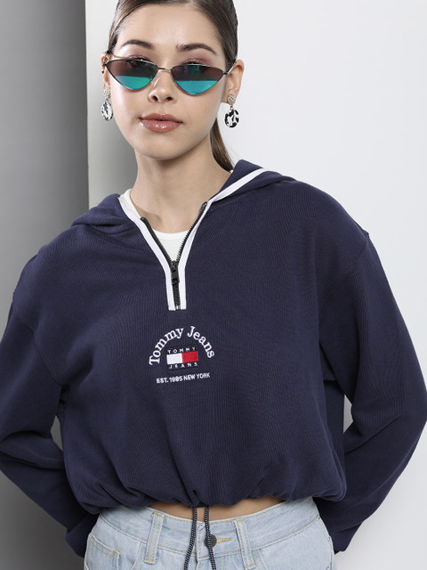 

Tommy Hilfiger Women Navy Blue Embroidered Hooded Pure Cotton Cropped Sweatshirt