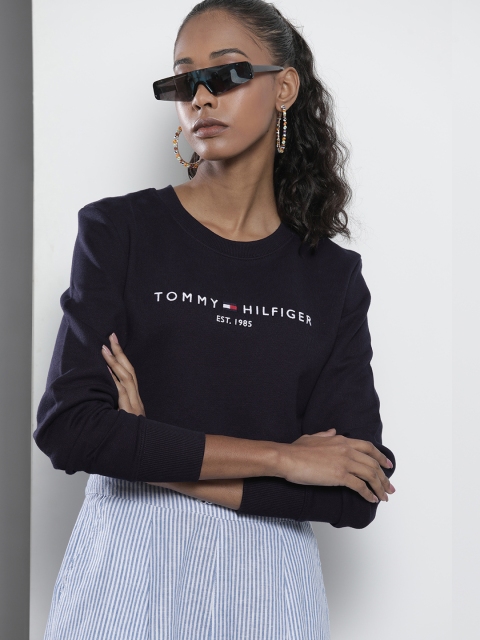 

Tommy Hilfiger Women Navy Blue Logo Embroidered Pure Cotton Pullover Sweatshirt