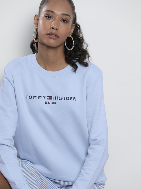 

Tommy Hilfiger Women Light Blue Logo Embroidered Pure Cotton Pullover Sweatshirt