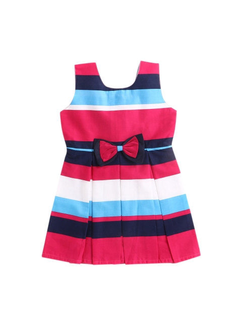 

The Magic Wand Girls Fuchsia and Blue Striped A-Line Dress with Bow