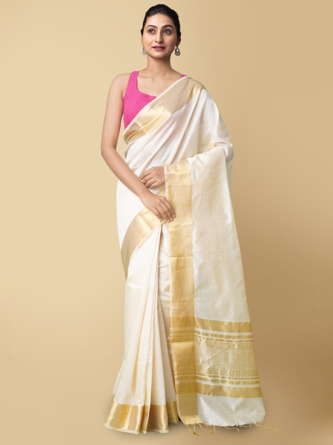 

Unnati Silks Cream-Coloured Woven Design Zari Jute Silk Kasavu Saree