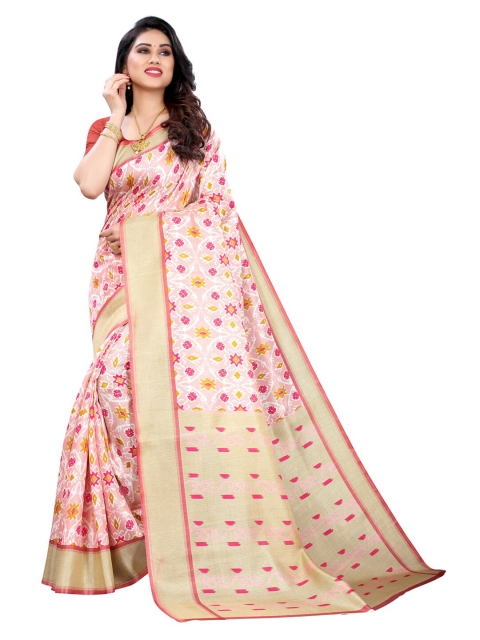 

KALINI Peach-Coloured & Cream-Coloured Ethnic Motifs Art Silk Khadi Saree