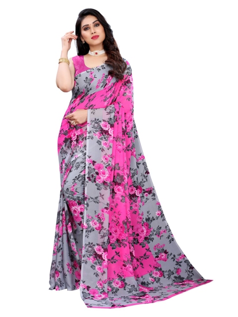 

KALINI Grey & Pink Floral Pure Georgette Saree