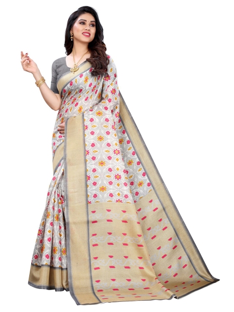 

KALINI Grey & Cream-Coloured Ethnic Motifs Art Silk Khadi Saree