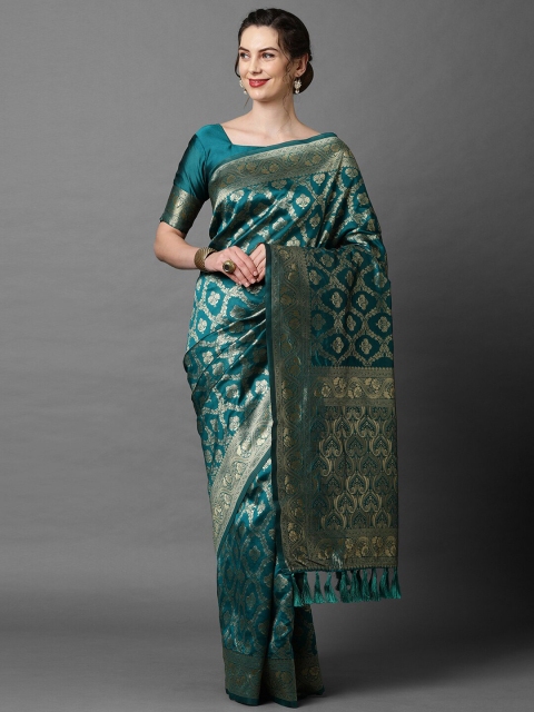 

Mitera Women Teal Blue Silk Blend Ethnic Woven Design Festive Saree