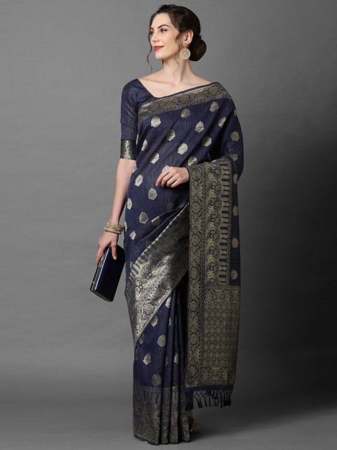 

Mitera Navy Blue & Gold-Toned Ethnic Motifs Zari Silk Blend Banarasi Saree
