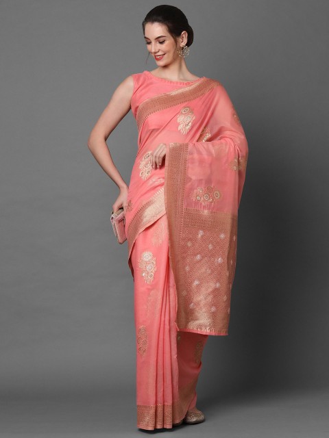 

Mitera Pink & Gold-Toned Floral Zari Banarasi Saree