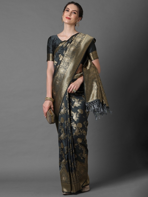 

Mitera Grey & Gold Ethnic Motifs Woven Design Silk Blend Banarasi Saree